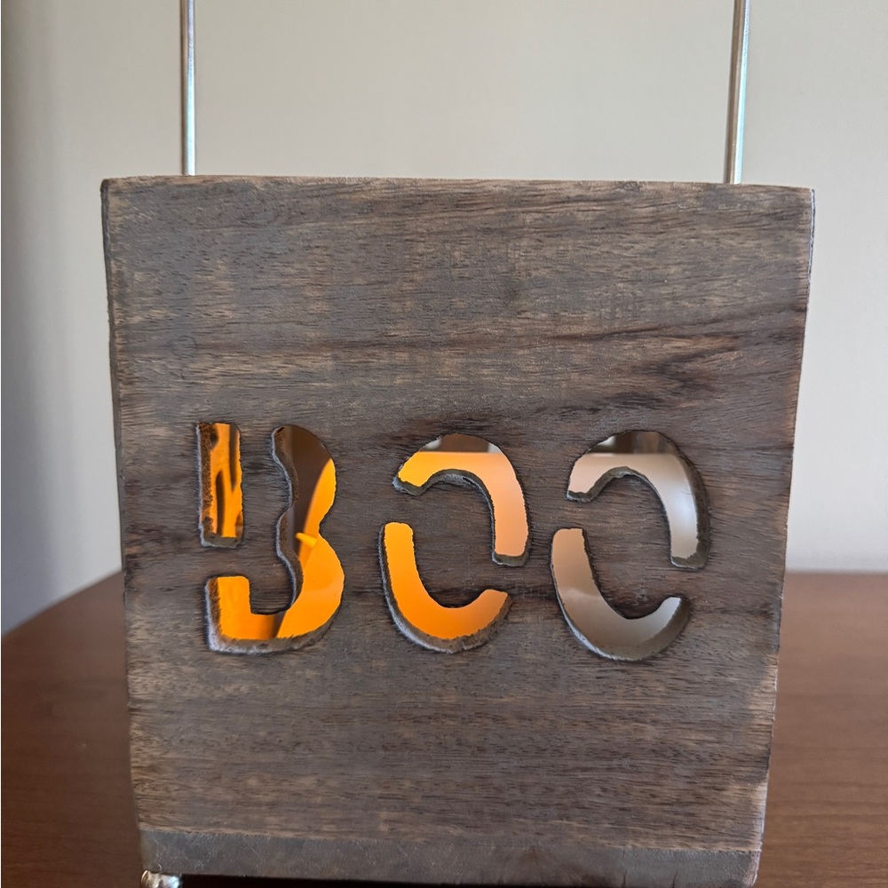 Wooden Boo Lantern with Orange Glow